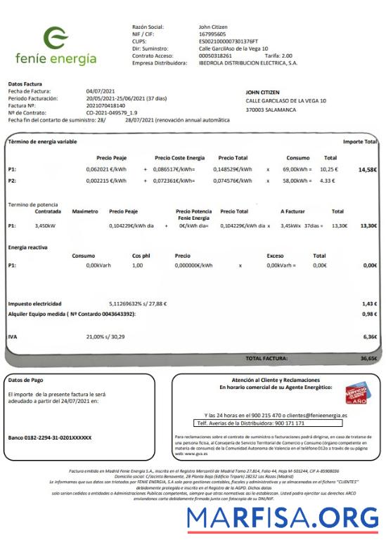 Realistic Spain Feníe Energía utility bill template in Word and PDF format